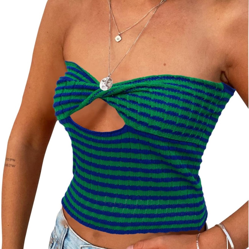 Sleeveless crop top striped ribbed knit stretchy strapless tube top